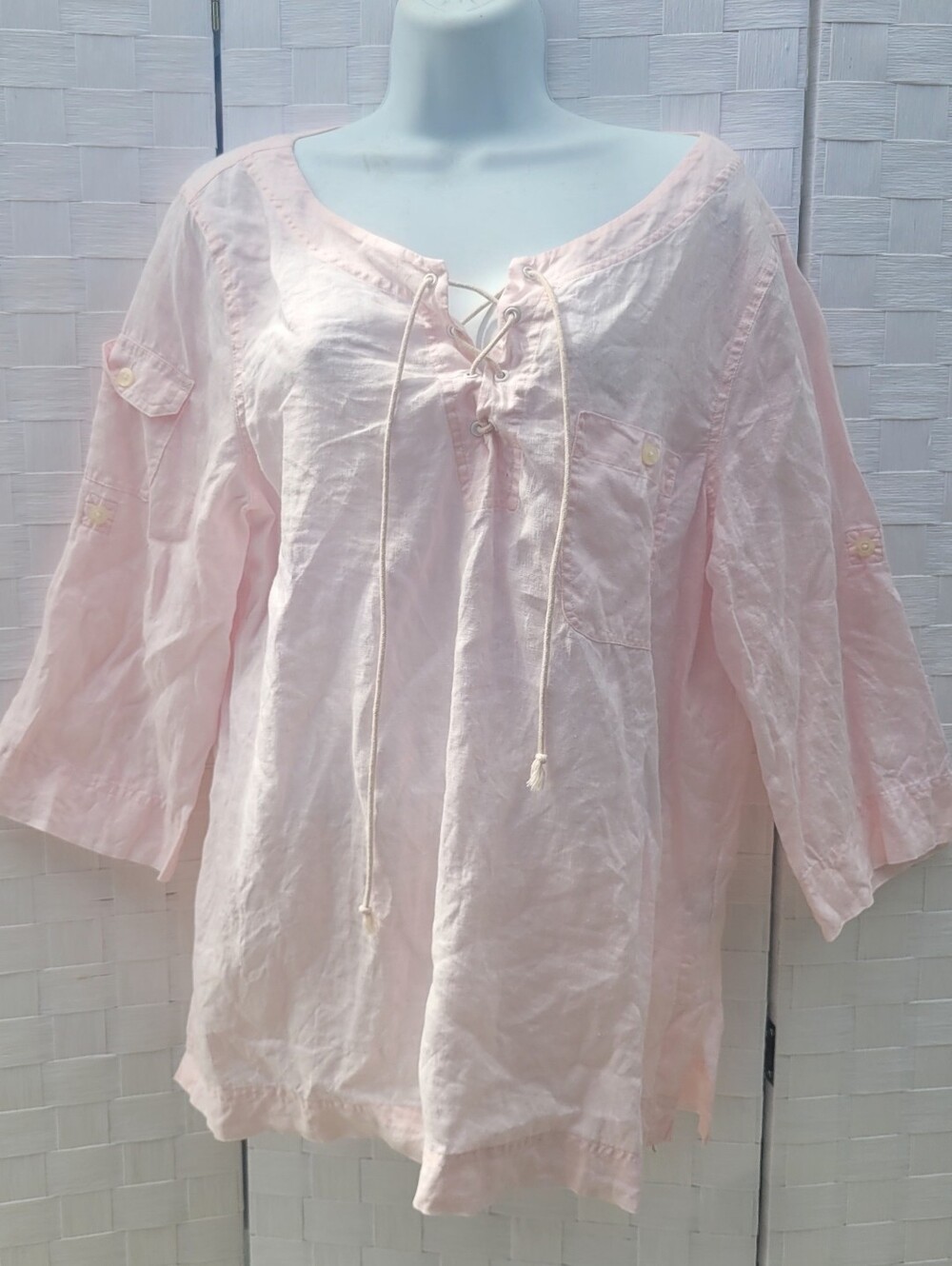 Lauren Ralph Lauren Light Pink Lace-Up Linen Pullover Top Sz Xl